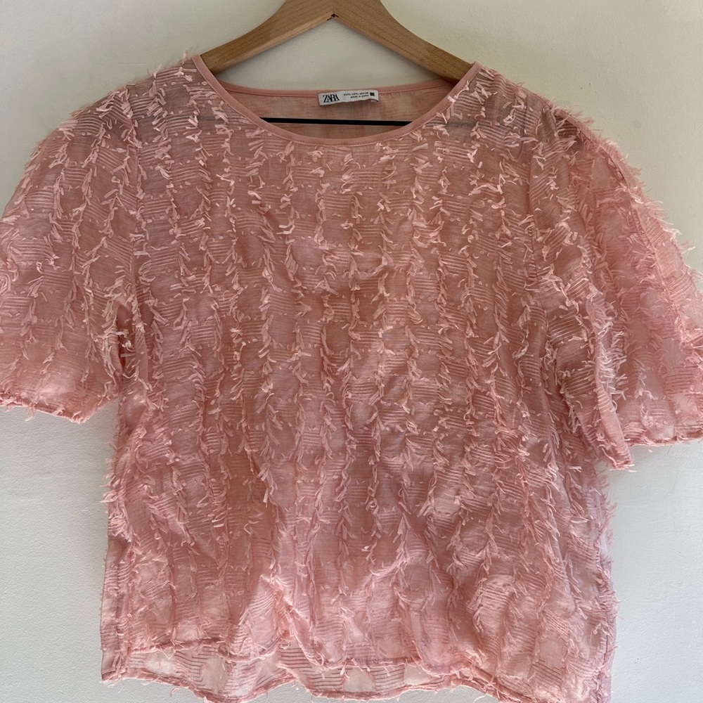 Zara Light Pink Short Sleeve Textured Top
